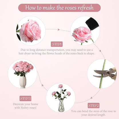 Nubry 24pcs Artificial Silk Roses Bulk,Fake Roses Flower with Stems Realistic Flowers for Wedding Centerpiece Home Party Decor(Pink)