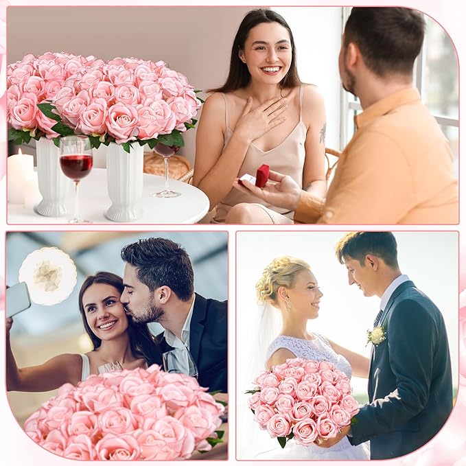 80 Pcs Roses Artificial Flowers, Silk Light Pink Artificial Flowers Petals Long Stem Roses for Wedding Bouquet Home Party Decor