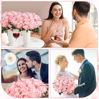 80 Pcs Roses Artificial Flowers, Silk Light Pink Artificial Flowers Petals Long Stem Roses for Wedding Bouquet Home Party Decor