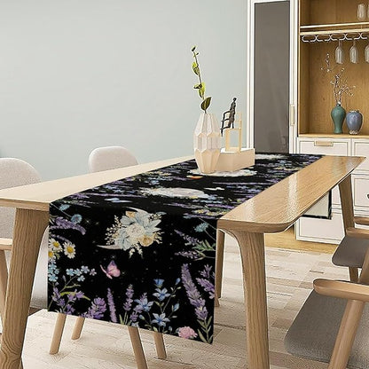Boho Floral Table Runner, Spring Gothic Moon Phase Wildflower Mystical Witchy Farmhouse Coffee Table Center Decor for Home Kitchen Dining Patio Holiday Party Table Decorations 13x108 inches