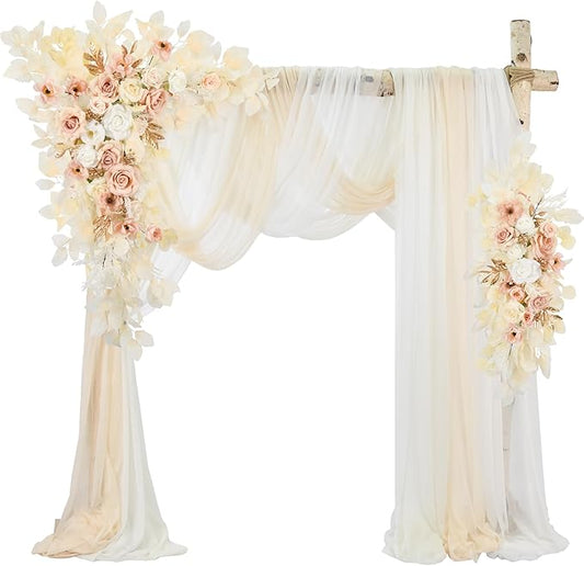 Ting's time Wedding Arch Flowers and Drape Kit (Set of 5) 2 Pcs Artificial Floral Swag Arrangement 3 Pcs Arch Draping Fabric for Wedding Ceremony Arbor and Reception(Beige)
