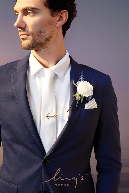 Ling's moment Boutonniere for Men, 6pcs Groom Groomsmen Boutonniere, Artificial Flowers for Wedding Decor/Prom/Homecoming, etc.Navy Blue White