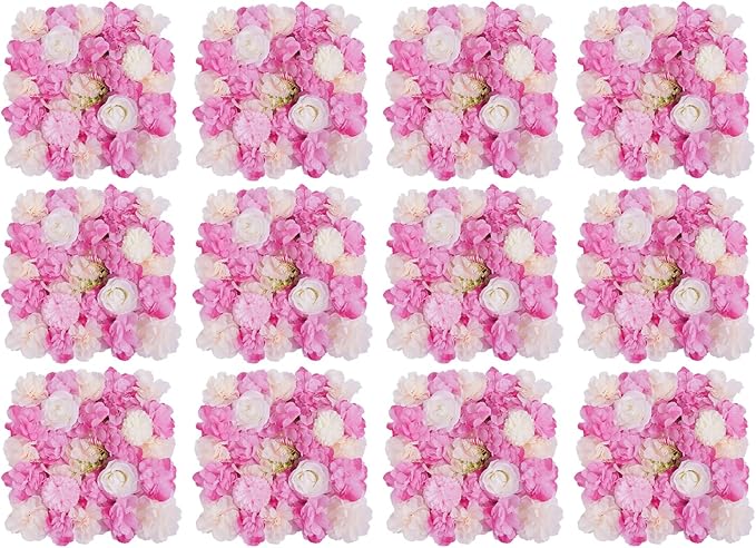 12 Pcs White Flower Wall Flowers Backdrop Artificial Flower for Backdrop Flowers Decoration 3D Floral Panels for Wall Decor Home Party Wedding Room Decoration (38x38cm/Deep Pink+White)