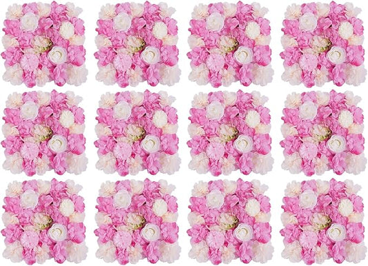 12pcs Artificial Flower Panels, 3D Floral Mat Silk Hydrangea Rose Floral Panel for Wedding Backdrop Wall Decor Shop Photo Backdrop, Festival & Event Wall Décor (15 x15in, Pink)