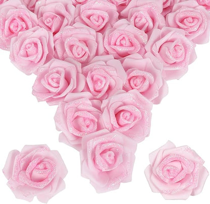 100pcs Light Pink Glitter Roses 2.56" Foam Glitter Flowers Fake Roses Pale Pink Flowers Artificial Roses for Bridal Shower Centerpieces DIY Wedding Flower Arrangements (Light Pink)