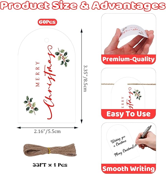 60Pcs Merry Christmas Gift Tags, 3.3x2.1 Gold Foil Xmas Presents Tags with String, Holiday Gift Tags with Berry for Winter New Year Party Candy Bag Envelope Gift Favor