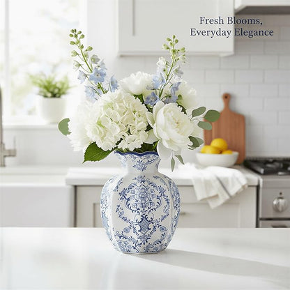 5.9-Inch Blue & White Rustic Vintage Ceramic Vase, Aesthetic Farmhouse Pottery Decor for Living Room, Dining Room, Bookshelf & Office