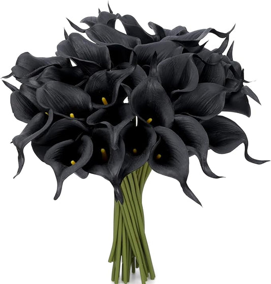 24 Pcs Black Artificial Calla Lily Flowers Fake Black Silk Flowers Real Touch for Wedding Bouquet Office Home Kitchen Decor