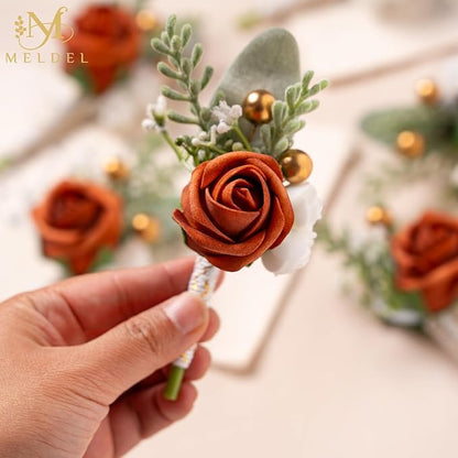 Meldel Burnt Orange Boutonniere for Men Wedding, Set of 6, Groom Groomsman Boutonniere, Mens Boutonnieres for Wedding Prom Ceremony Anniversary Party Homecoming