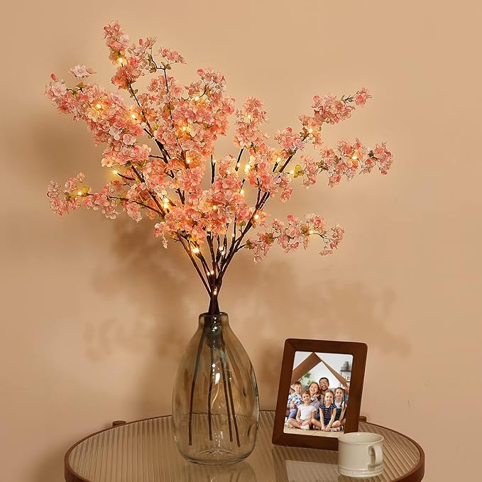 Sunm Boutique 3 PCS Silk Cherry Blossom Branches - Lighted Brown Twig Branches, Artificial White Flower Stems, 39'' Faux Tree for Wedding Home Decor