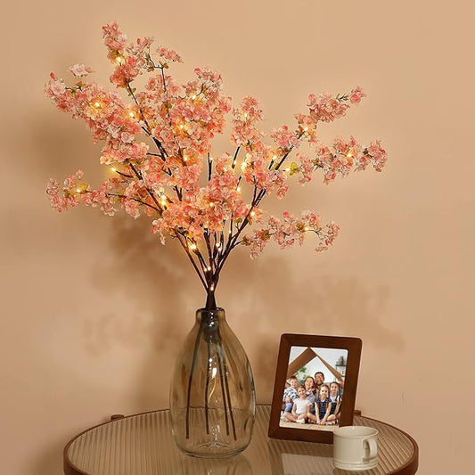 Sunm Boutique 3 PCS Silk Cherry Blossom Branches - Lighted Brown Twig Branches, Artificial White Flower Stems, 39'' Faux Tree for Wedding Home Decor