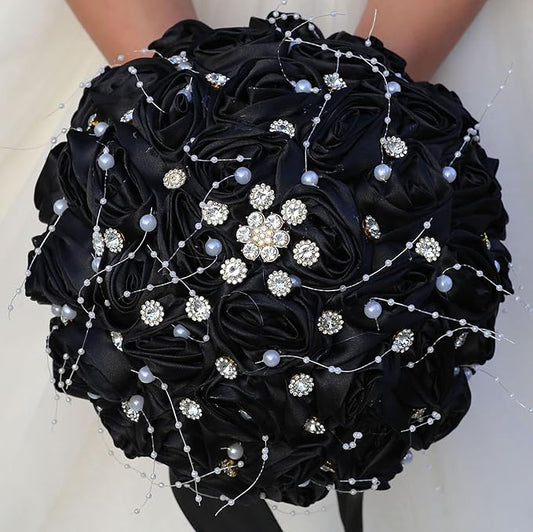 Bridal Wedding Bouquet Round Bling Brooch Bouquet Throw Toss Artificial Rose Flower Bunch for Bride Bridesmaid Wedding Quinceanera(Black, 9.8")