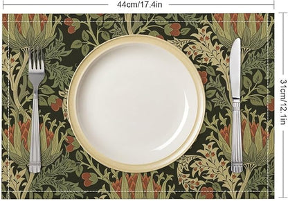 Vintage Boho Florals Placemats Set of 4, William Morris Retro Botanical Plant Foliage Place Mats, Heat Resistant Non Slip Cotton Linen Dining Table Mats for Home Kitchen Party 18x12 Inch