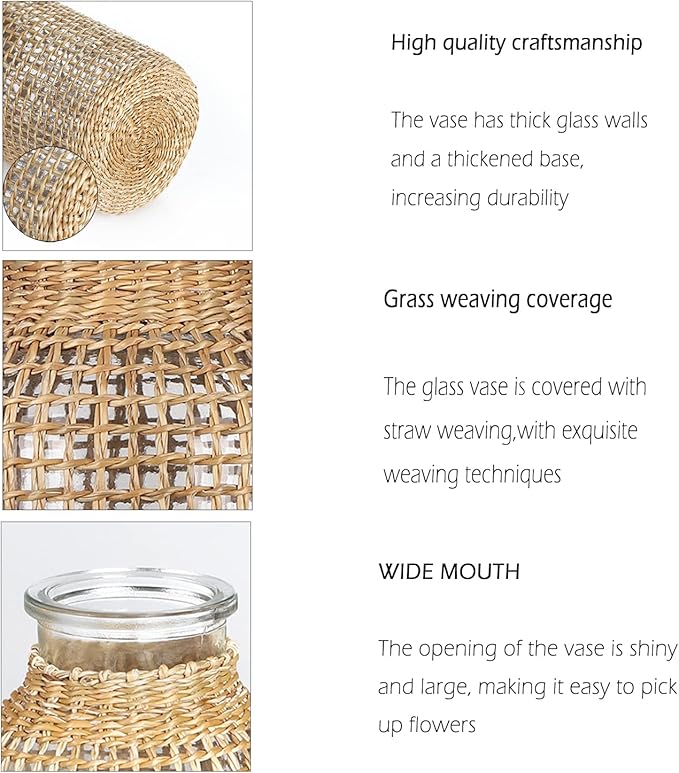 WHJY Boho Glass Vase, Rattan Vase, Farmhouse Rattan Décor, Round Flower Vase Basket Vase for Floral Arrangements -8 inch