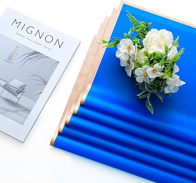 30 Sheets Sapphire Blue Gold Edge Flower Bouquet Wrapping Paper，Florist Supplies Waterproof Floral Bouquet Wrapping Paper Bouquet Accessorie，Flower Shop Packaging Pape for DIY Gift Wedding Birthday