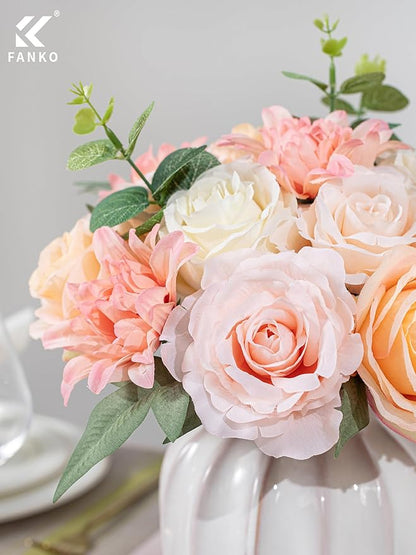 FANKO Artificial Flowers Fake Rose Combo, 5 Mixed Silk Flowers Bouquet Yellow Champagne Rose Cream Roses, Pink Dahlia for DIY Wedding Bridal Bouquets/Centerpieces/Home Decorations