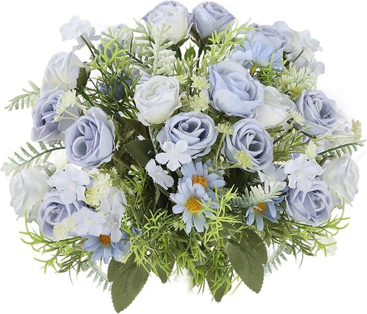 3 Pack Artificial Flowers Bouquet Fake Flowers Plants Blue Faux Flower Arrangements for Wedding Home Centerpieces Decor