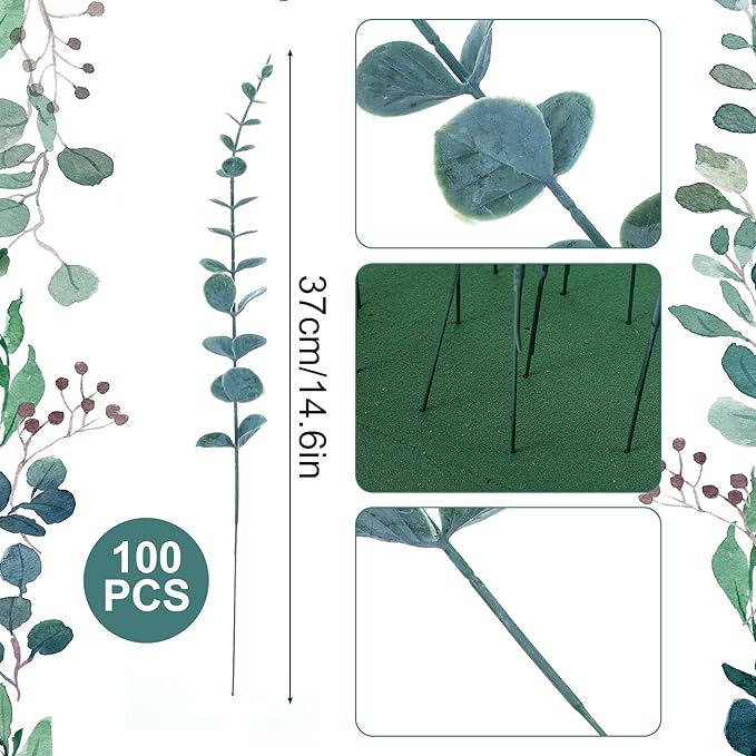 100 Pcs Faux Eucalyptus Stems - Realistic Dark Green Artificial Greenery for Wedding Centerpieces, Flower Bouquets, Farmhouse & Home Decor, Fake Eucalyptus Stems for Lush Arrangements