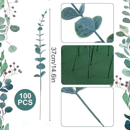 100 Pcs Faux Eucalyptus Stems - Realistic Dark Green Artificial Greenery for Wedding Centerpieces, Flower Bouquets, Farmhouse & Home Decor, Fake Eucalyptus Stems for Lush Arrangements