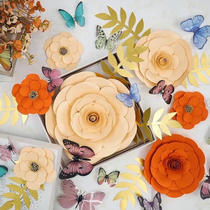 Large Paper Flowers Decorations for Wall, Artificial 3D Flower Wall Decor with Butterfly Sticker Orange Champagne Floral Wall Decal for Classroom Spring Garden Tea Bulletin Board Decorations