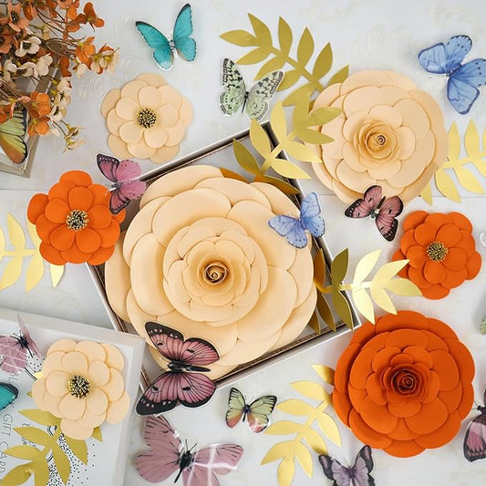 Large Paper Flowers Decorations for Wall, Artificial 3D Flower Wall Decor with Butterfly Sticker Orange Champagne Floral Wall Decal for Classroom Spring Garden Tea Bulletin Board Decorations