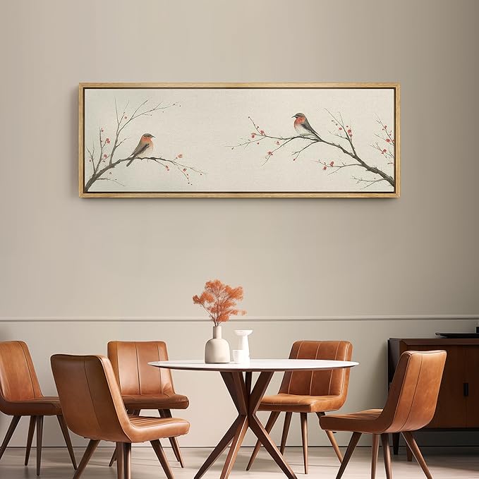 SIGNFORD Large Framed Canvas Print Wall Art Minimalist Birds on Branches with Red Berries Illustrations Modern Art Relax/Calm Warm for Living Room, Bedroom, Office - 60"x20"