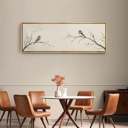 SIGNFORD Large Framed Canvas Print Wall Art Minimalist Birds on Branches with Red Berries Illustrations Modern Art Relax/Calm Warm for Living Room, Bedroom, Office - 60"x20"