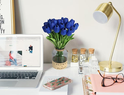 IPOPU 24 PCS Royal Blue Flowers Tulips Artificial Flowers Real Touch Blue Tulips Faux Flowers for Home Table Decor Wedding Bouquet Party Baby Shower Centerpieces Bridal Bouquet Decor (Blue)