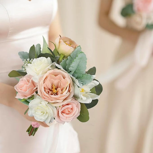 Rinlong 1Pc Wedding Bouquets for Bridesmaids Bride Pink Green Artificial Flowers Bridesmaids Bridal Bouquet for Wedding Prom