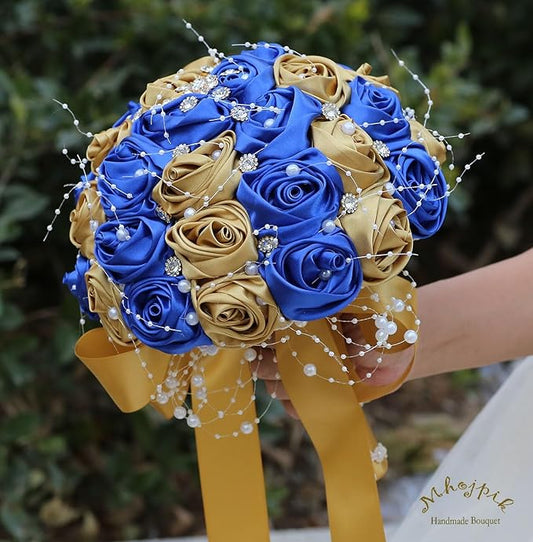 Bridal Wedding Bouquet Round Bling Brooch Bouquet Throw Toss Artificial Rose Flower Bunch for Bride Bridesmaid Wedding Quinceanera(Royal Blue & Gold, 6.3")