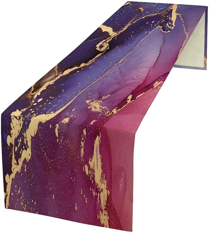 Purple Marble Table Runner Natural Abstract Luxury Ink Texture Gold Veins Red Printing Seasonal Dinner Runner Table Decoration for Farmhouse Home Kitchen Dining Holiday Party 13x60in