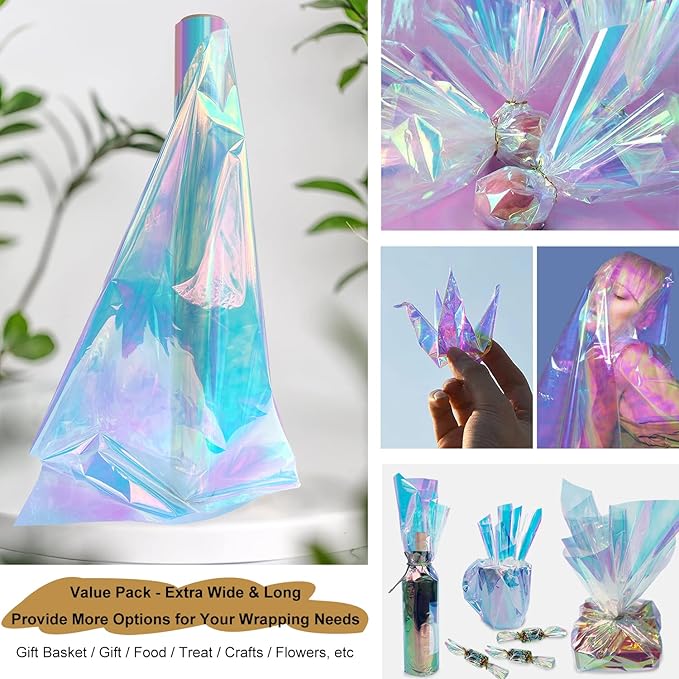 SYOGUA 34in x 50ft Iridescent Cellophane Wrap Roll, Extra Wide Iridescent Film Cellophane Wrap Rainbow Colored Cellophane Roll for Gift Baskets, Crafts, Candy, Gifts, Flowers
