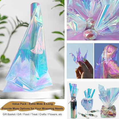 SYOGUA 34in x 50ft Iridescent Cellophane Wrap Roll, Extra Wide Iridescent Film Cellophane Wrap Rainbow Colored Cellophane Roll for Gift Baskets, Crafts, Candy, Gifts, Flowers