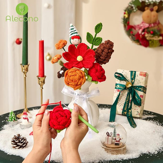 Alecono Crochet Flower Bouquet, Christmas Knitted Flowers, Green Completed Handmade Flower for Lover Anniversary Birthday Party Gifts (Include Card)