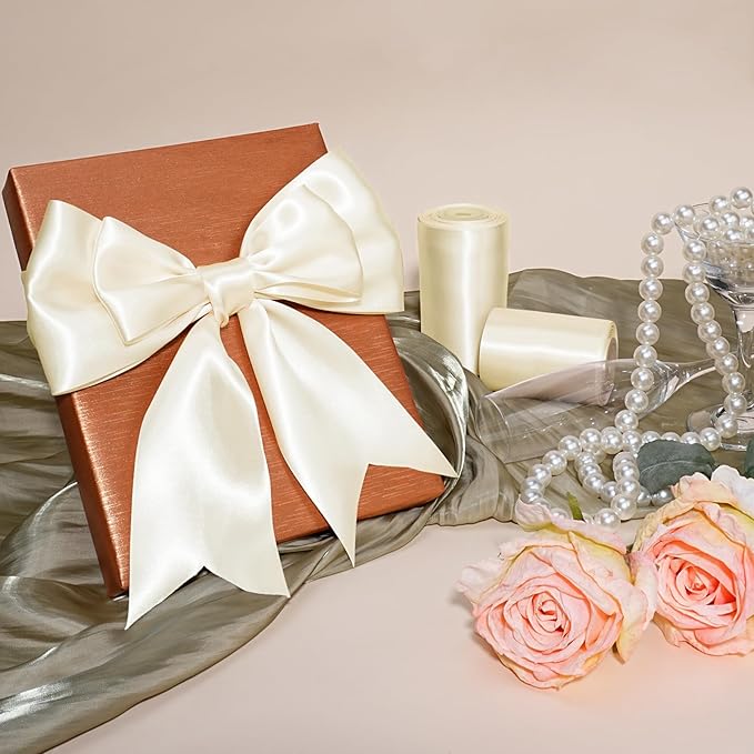 LaRibbons Ivory Satin Ribbon 4 Inch x 10 Yards Double Faced Luxury Silk Ribbon for Christmas Gift Wrapping, Holiday Bows, Christmas Wreath Sash Wedding Decorations and Party Crafts