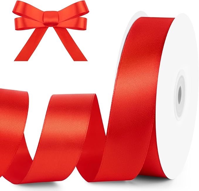 KMER LIFE 1 inch Wide x 50 Yards Red Single Faced Polyester Satin Ribbon, Red Satin Ribbon Perfect for Wedding Decor, Wreath, Crafts, Gift Wrapping & Other Projects (Red)