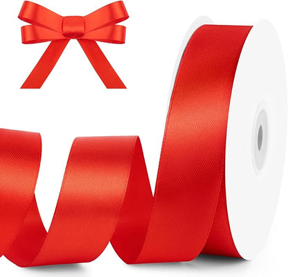 KMER LIFE 1 inch Wide x 50 Yards Red Single Faced Polyester Satin Ribbon, Red Satin Ribbon Perfect for Wedding Decor, Wreath, Crafts, Gift Wrapping & Other Projects (Red)