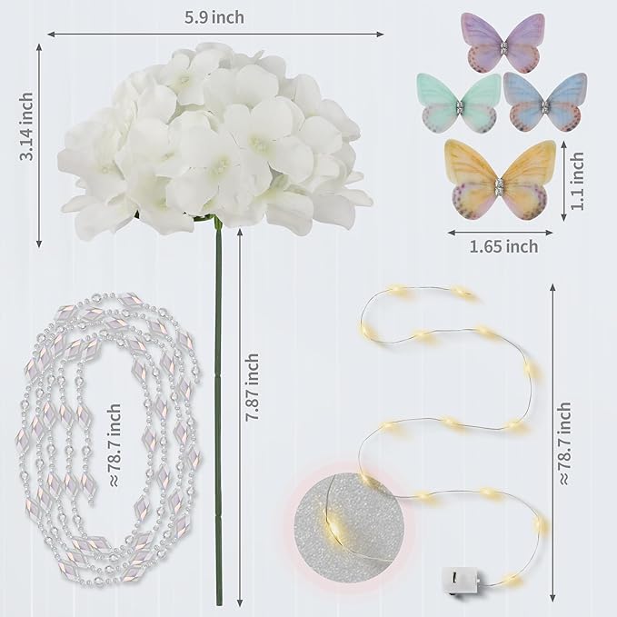 64PCS Artificial Hydrangea Flowers with Stems, Silk Hydrangea Heads with LED Decorative Lights, Crystal Strings & Butterfly Accents for Wedding Centerpieces and Home Decor(64, Ivory)