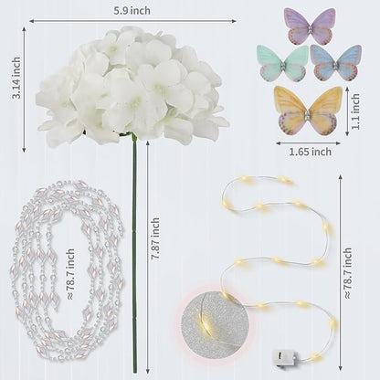 64PCS Artificial Hydrangea Flowers with Stems, Silk Hydrangea Heads with LED Decorative Lights, Crystal Strings & Butterfly Accents for Wedding Centerpieces and Home Decor(64, Ivory)