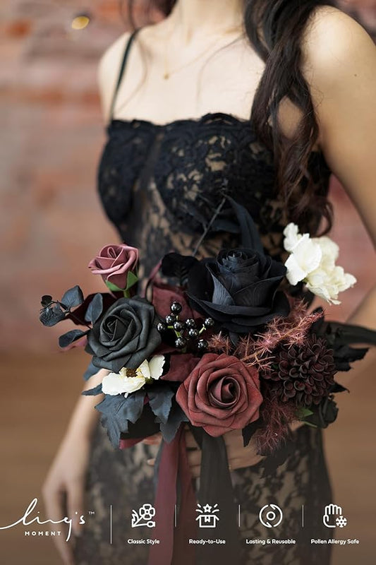 Ling's moment Artificial Flowers Gothic Bridesmaid Bouquet Set of 6, Burgundy and Black Bridal Bouquets for Bridesmaids, 7 Inch Wedding Flowers Bouquets for Wedding, Ceremony, Anniversary, etc