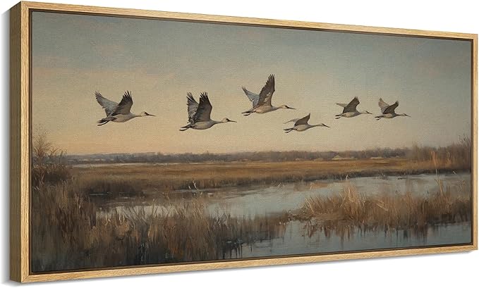 SIGNFORD Extra Large Framed Canvas Print Wall Art Flying Cranes Over Wetlands Vintage Nature Bird Scene Illustrations Modern Art Relax/Calm Warm for Living Room, Bedroom, Office - 60"x30"