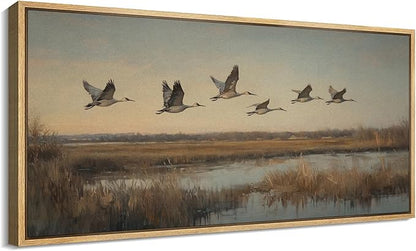 SIGNFORD Extra Large Framed Canvas Print Wall Art Flying Cranes Over Wetlands Vintage Nature Bird Scene Illustrations Modern Art Relax/Calm Warm for Living Room, Bedroom, Office - 60"x30"