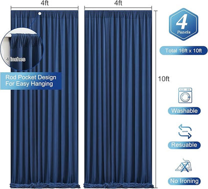 Navy Blue Backdrop Curtains - Wrinkle-Free Polyester Photography Drapes for Wedding, Baby Shower, Birthday, Graduation Party Decorations - 16 X 10FT