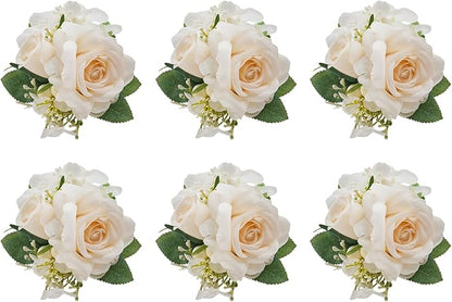 Meldel Champagne Pocket Boutonniere for Men Wedding,Set of 6,Groom Groomsman Boutonnieres Artificial Rose Hydrangea Berry Corsage for Prom Ceremony Party Homecoming