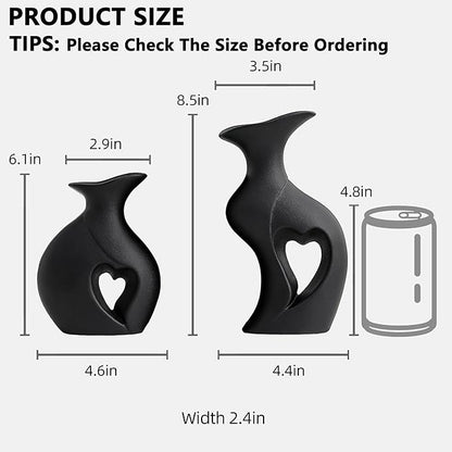 Black Ceramic Vase Set of 2,Filled with Love,Modern Minimalist Bohemian Vases Home Decor，Heart Shape Matte Ceramic Vases for Dinner Table Bookshelf Modern Home Console