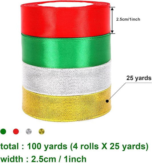DECYOOL 4 Rolls 100 Yards Christmas Ribbons Metallic Glitter Fabric Holiday Festival Satin Ribbons 1Inch Wide for Gift Wrapping Decoration