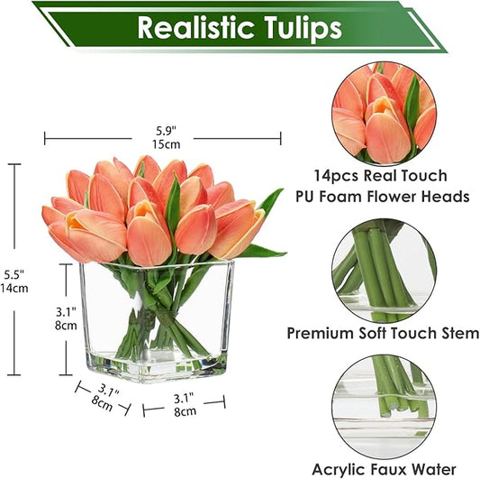 DILATATA Artificial Peach Tulips in Vase with Faux Water 5.5" Real Touch Flowers Fake Tulips Small Flowers Arrangement in Cube Glass Vase for Mother's Day Table Centerpiece Wedding Home Decor