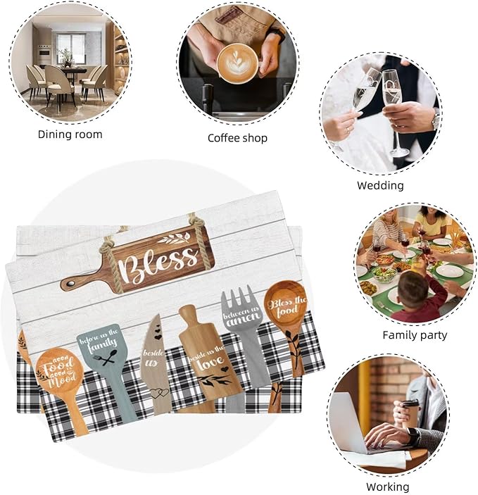 Fork Spoon Kitchen Table Placemats Set of 4 Retro Wooden Tableware Print Placemat Indoor Outdoor Party Home Desktop Dining Room Decoration 12x18 Inch