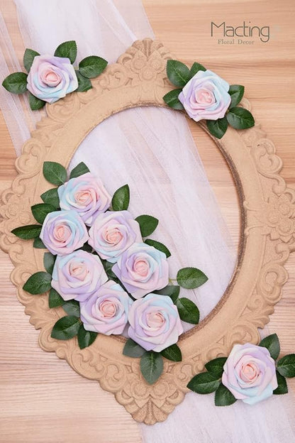 MACTING 60PCS Artificial Rose Flowers Real Touch Fake Flowers with Stem Foam Roses for DIY Wedding Bouquets Baby Shower Table Centerpieces Party Holiday Home Spring Mothers Day Decor(Light Rainbow)