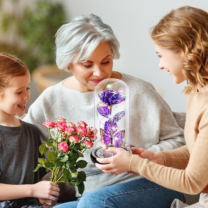 Womens Gifts for Christmas, Christmas Rose Gift for Women Birthday Gift Galaxy Glass Rose Forever Eternal Crystal Flower Light Up Roses in Glass Dome Purple Xmas Gifts for Mom Grandma Wife Her Sister